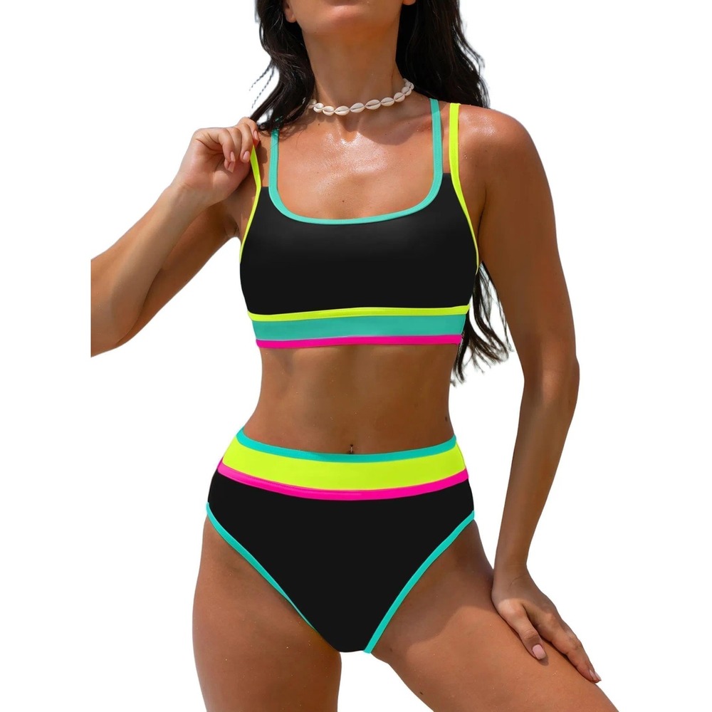 NWT Popvil Neon High Waisted Sport Bikini Set Adjustable Straps Black Small